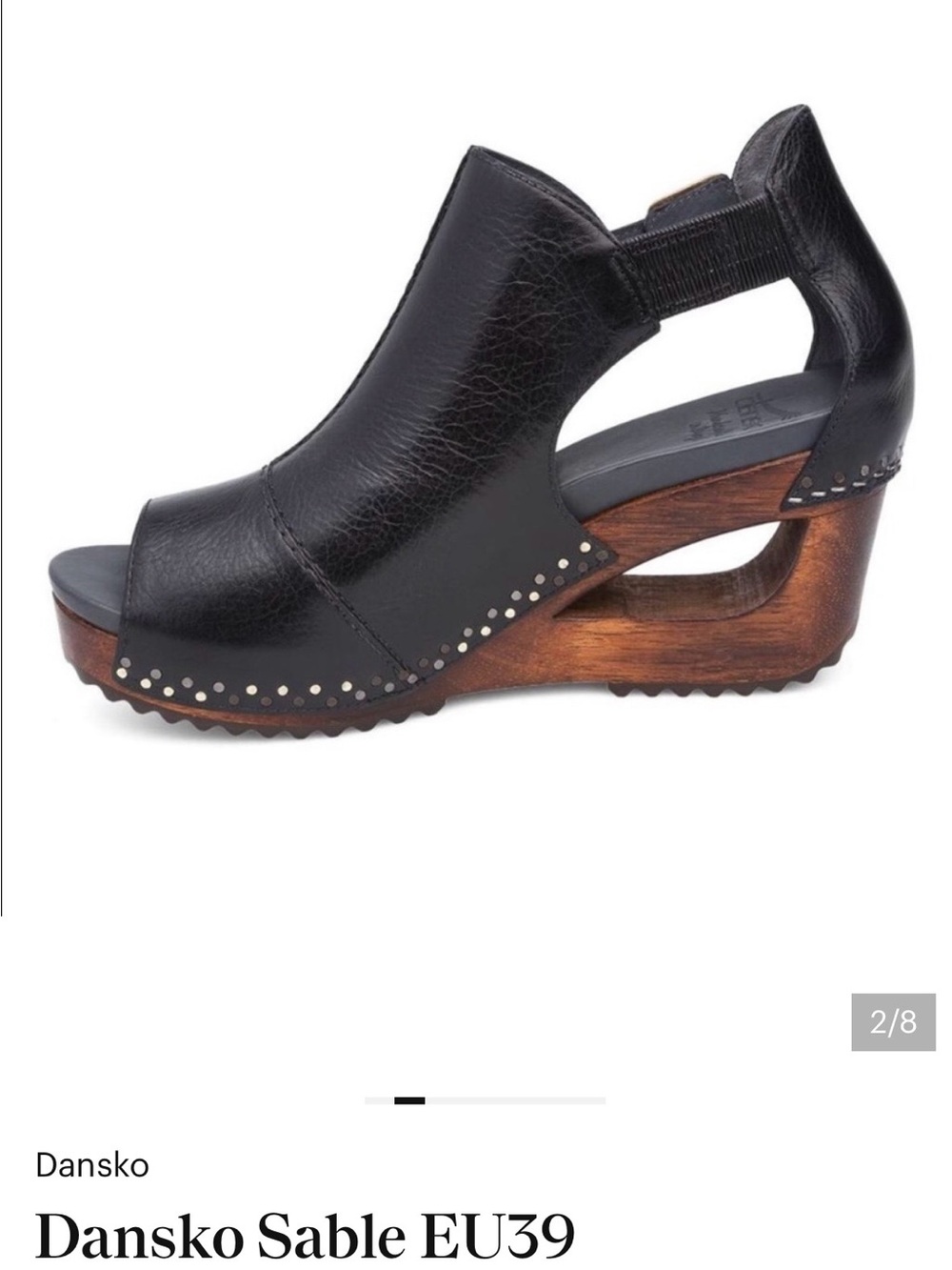 Dansko Black Leather Wedge Sandal with Wood-Look Heel